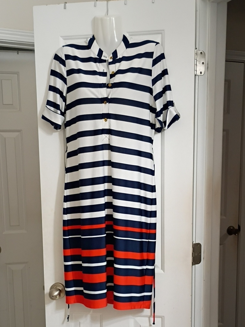 Shelby & Palmer Navy, White & Red Striped Midi Shirt Dress